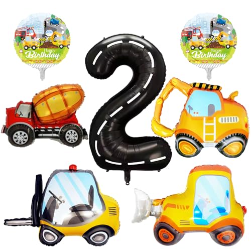 YiYou 7 Pcs Construction Balloons 40 Inch Number 2 Foil Balloons Excavator Truck Forklift Bulldozer Construction Birthday Balloons for Boys Construction Themed 2nd Birthday Truck Party Decorations Supplies - Image 1