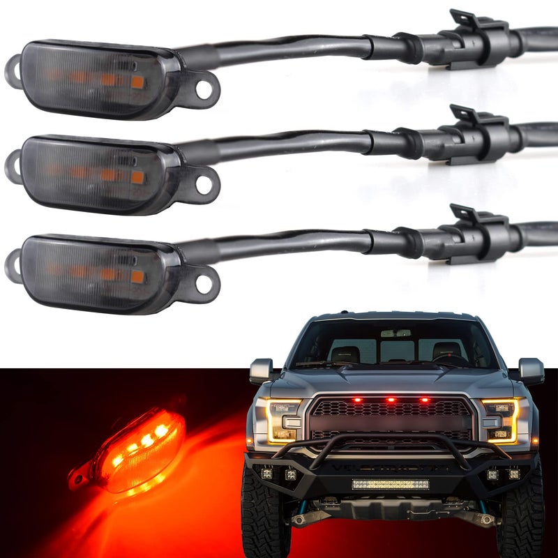 إضاءة علامة الشبكة الأمامية Boigoo 3 قطع 4LED أضواء حمراء عدسة مدخنة متوافقة مع فورد F150 رابتور 2004-2019 ورام 1500 رابتور 2013-2018 زينة شبكة السيارات حمراء