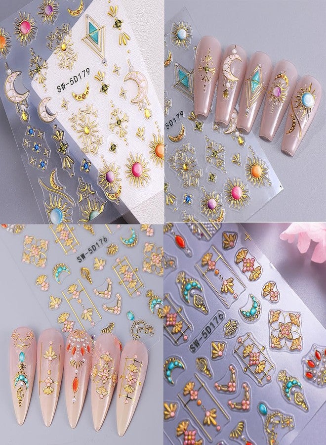 2 Pcs Boho Sun Moon Nail Stickers for Nail Art, Gold 5D Embossed Self-Adhesive Moon Sun Nail Decals, Gothic Nail Supplies Nail Art Design Accessories for Women and Girls Manicure DIY Decoration - Image 5