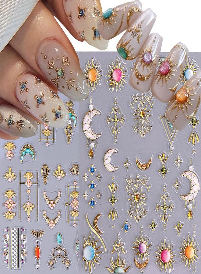 2 Pcs Boho Sun Moon Nail Stickers for Nail Art, Gold 5D Embossed Self-Adhesive Moon Sun Nail Decals, Gothic Nail Supplies Nail Art Design Accessories for Women and Girls Manicure DIY Decoration - Image 1