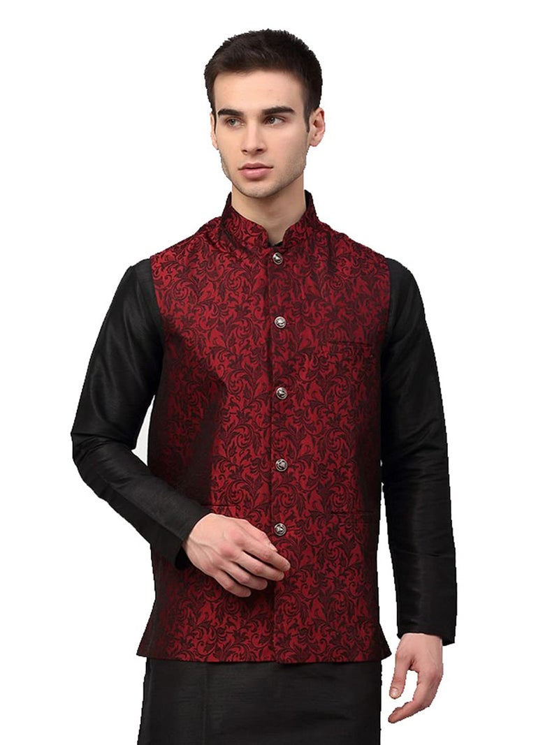 Jompers Men's Woven Design Maroon Waistcoat (Maroon, M) - Image 1