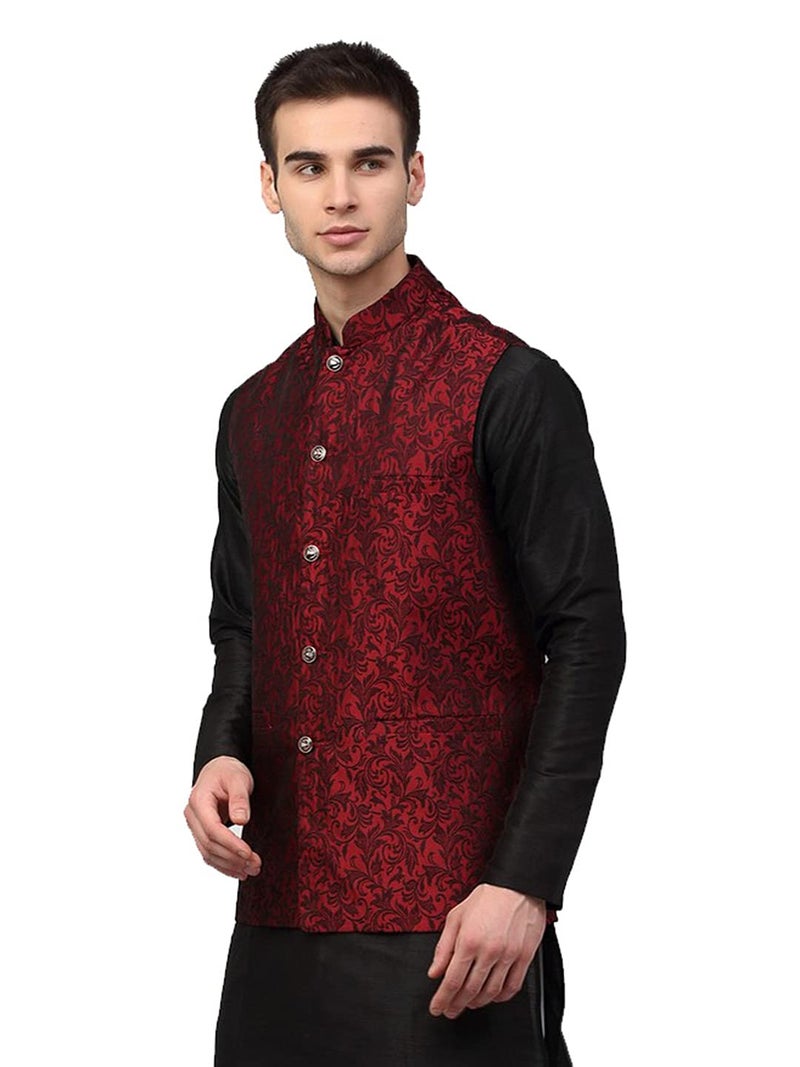 Jompers Men's Woven Design Maroon Waistcoat (Maroon, M) - Image 3