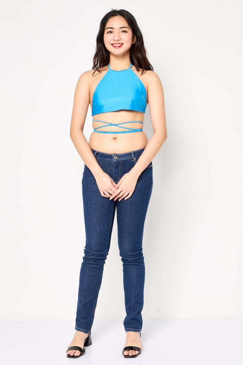 Bershka Women Halter Neck Sleeveless Solid Crop Top, Blue - Image 3