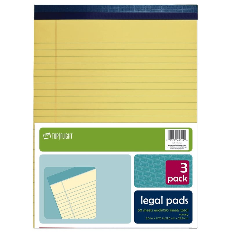 Top Flight Legal Pad, 8.5 x 11.75 Inches, 0.375 Inch Rule, Canary, 50 Sheets per Pad, 3 Pads per Pack (4513108) - Image 1