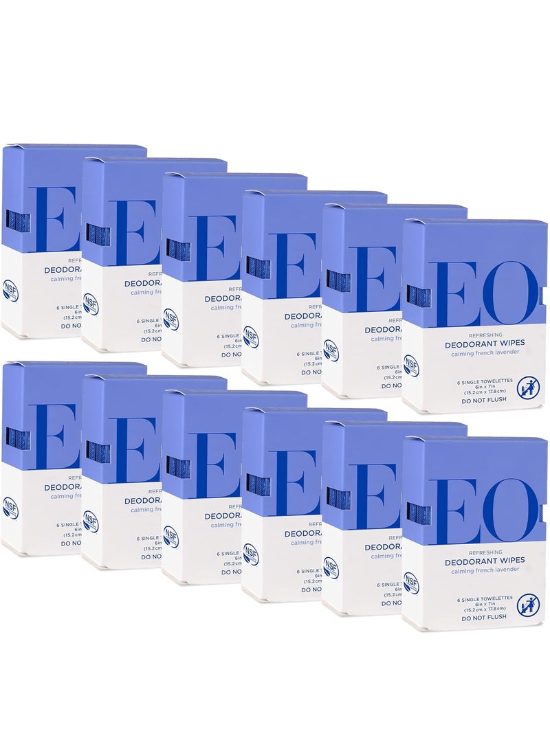 EO EO Natural Deodorant Wipes, 6 Wipes (Pack of 12), French Lavender, Organic Plant-Based with Pure Essential Oils 