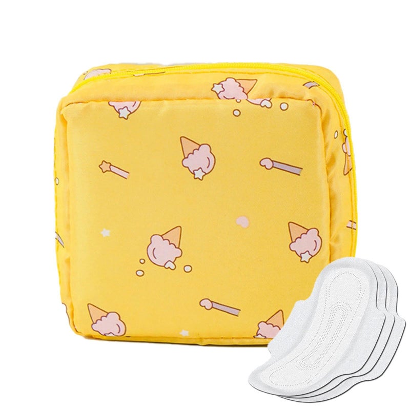 Yellow Ice Cream Sanitary Pad Pouch With Zipper For Travel School Bag - Image 2