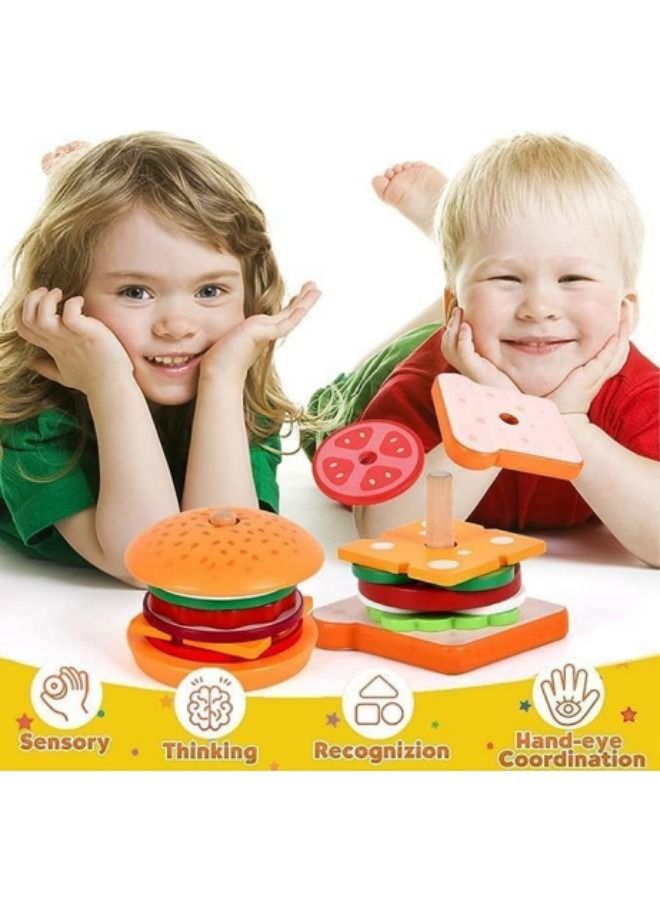 GGEROU Wooden Burger Sandwich Stacking Toys, Kitchen Play Food Sets Toy,Hamburgers And Sandwich Building Blocks Pretend Play Set Toys - Image 2