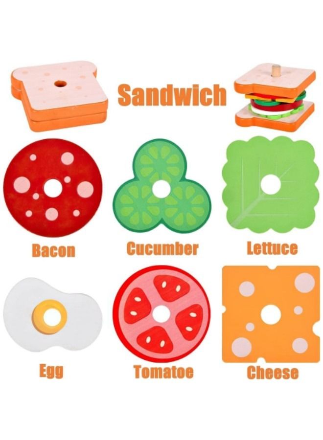 GGEROU Wooden Burger Sandwich Stacking Toys, Kitchen Play Food Sets Toy,Hamburgers And Sandwich Building Blocks Pretend Play Set Toys - Image 4
