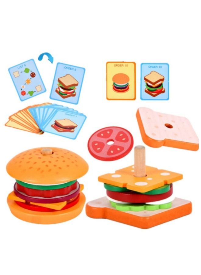 GGEROU Wooden Burger Sandwich Stacking Toys, Kitchen Play Food Sets Toy,Hamburgers And Sandwich Building Blocks Pretend Play Set Toys - Image 5