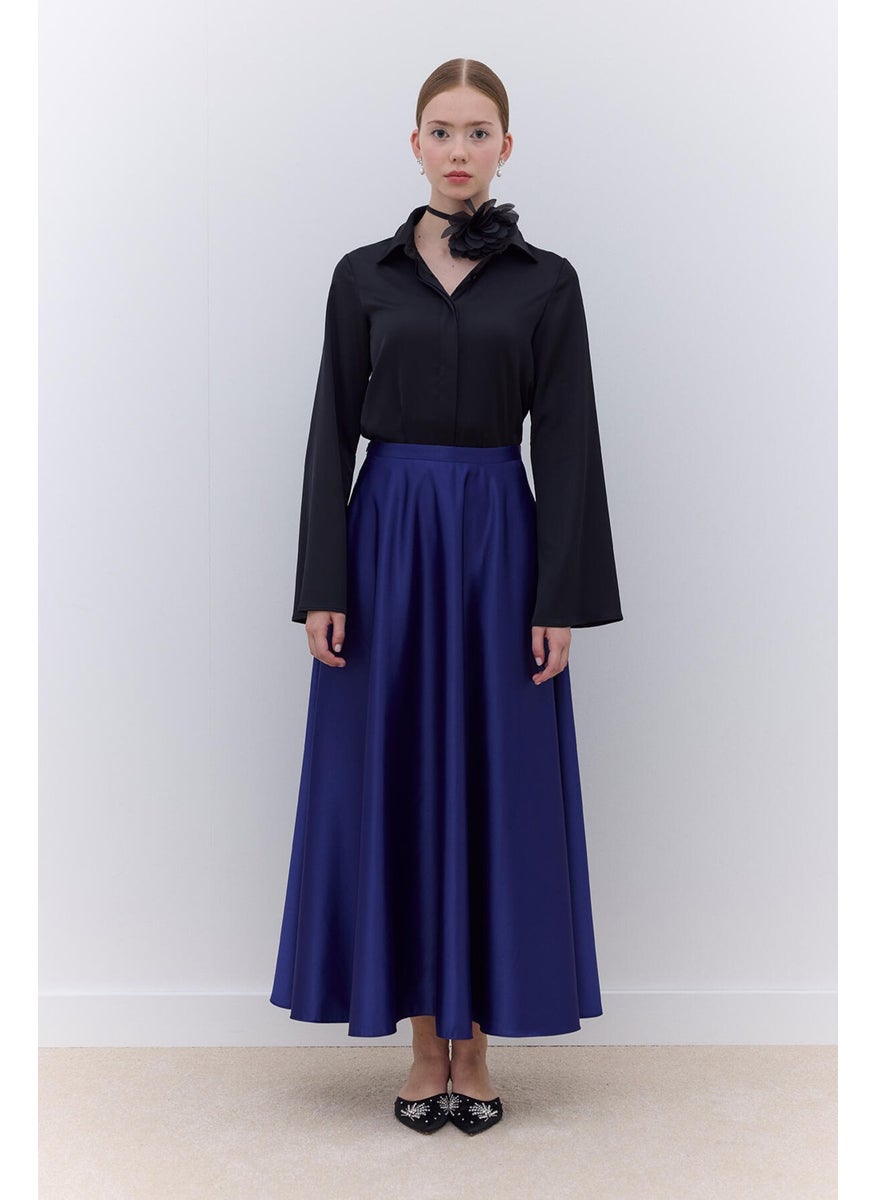 Manuka Satin Flared Evening Skirt Navy Blue  - Image 1