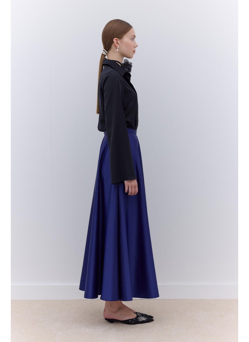 Manuka Satin Flared Evening Skirt Navy Blue  - Image 2