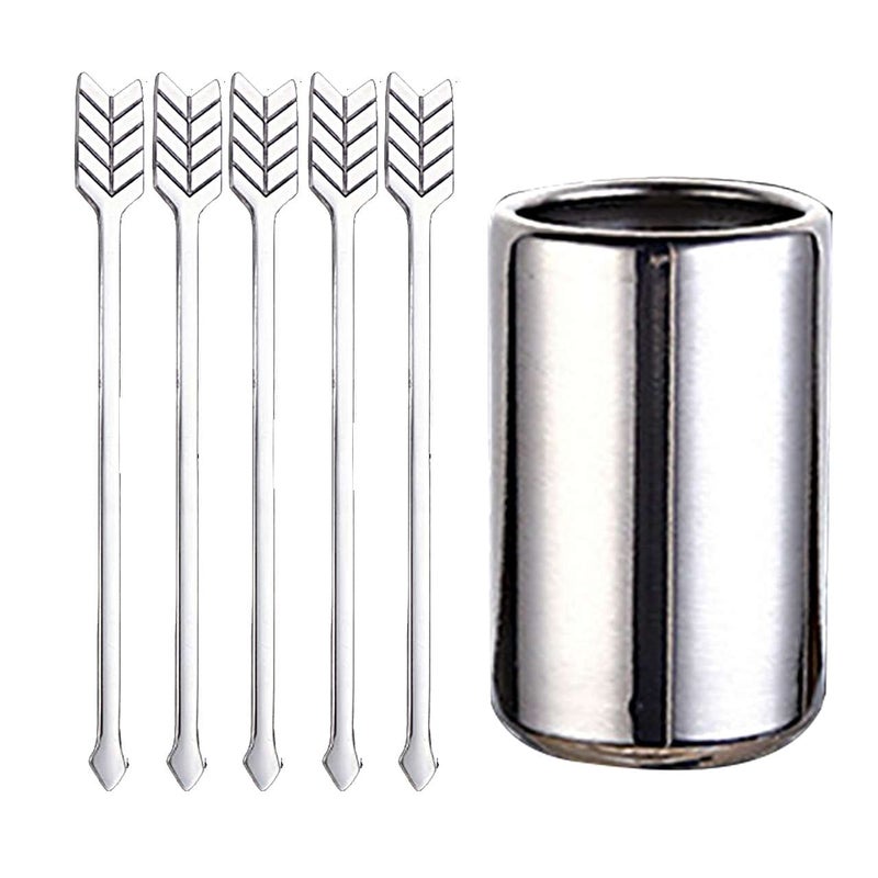 Walbest 5 5Pcs Stainless Steel Coffee Stir Sticks with Stirrers Holder Metal Coffee Stirrer Reusable Beverage Drink Cocktail Stirrer Swizzle Stirring Sticks Silver 