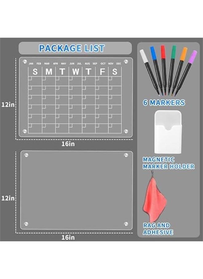 HOOKOR - Acrylic Dry Erase Board for Refrigerator, Acrylic Calendar for Fridge Monthly, Acrylic White Board for Fridge Includes 6 Markers, Pen Holder and Rag (Calendar + Blank) - Image 1