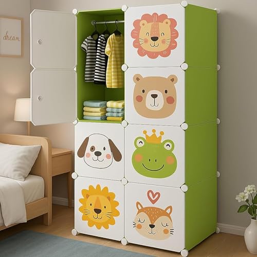 Zemic Collapsible Wardrobe for Clothes - DIY 𝟖 𝐂𝐮𝐛𝐞 Plastic Almirah for Clothes with Doors, Side Hanger, Foldable Wardrobe for Storage for Kitchen Home, Living, Office (Green, 8 Cube) - Image 1