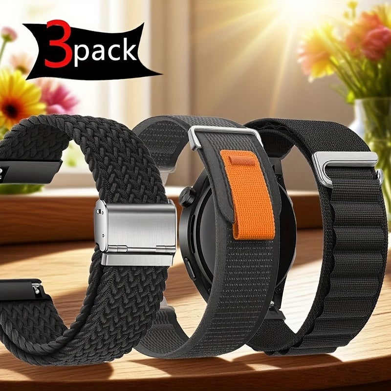حزام ساعة نايلون 22 مم لساعات Galaxy Watch 6, 5, 4 و Huawei GT 5, 2 Pro - 3 عبوات بلون أبيض مائل للأصفر وبرتقالي - Image 1