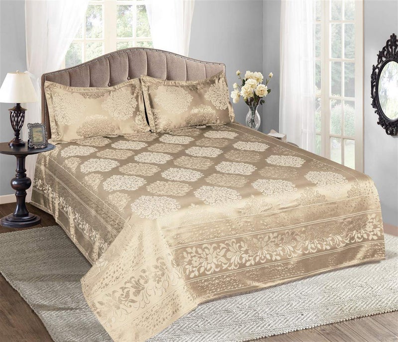 Victor Poly Cotton Styria Satin Bedcover for Double Bed/Luxury Damask Geometrical Extra Soft Bed Spread, Exclusive for Wedding (Bed Cover - 90" X 100", 2 Pillow Covers - 18" X 27"),Fawn - Image 1
