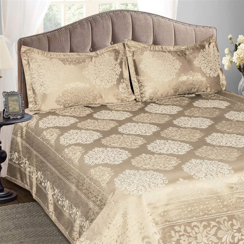Victor Poly Cotton Styria Satin Bedcover for Double Bed/Luxury Damask Geometrical Extra Soft Bed Spread, Exclusive for Wedding (Bed Cover - 90" X 100", 2 Pillow Covers - 18" X 27"),Fawn - Image 2