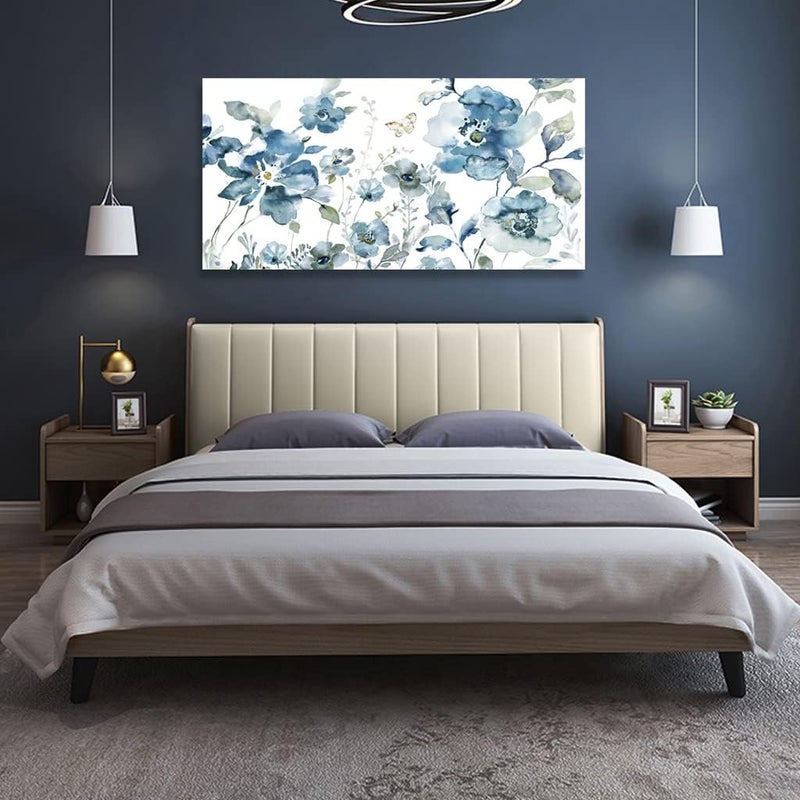 tigeridge Flower Canvas Wall Art Blue Floral Canvas Painting Pictures for Gallery Wall Decor Butterfly Flies in Indigo Flowers Canvas Prints Artwork for Living Room Bedroom Home Wall Decorations 40" X 20" - Image 5