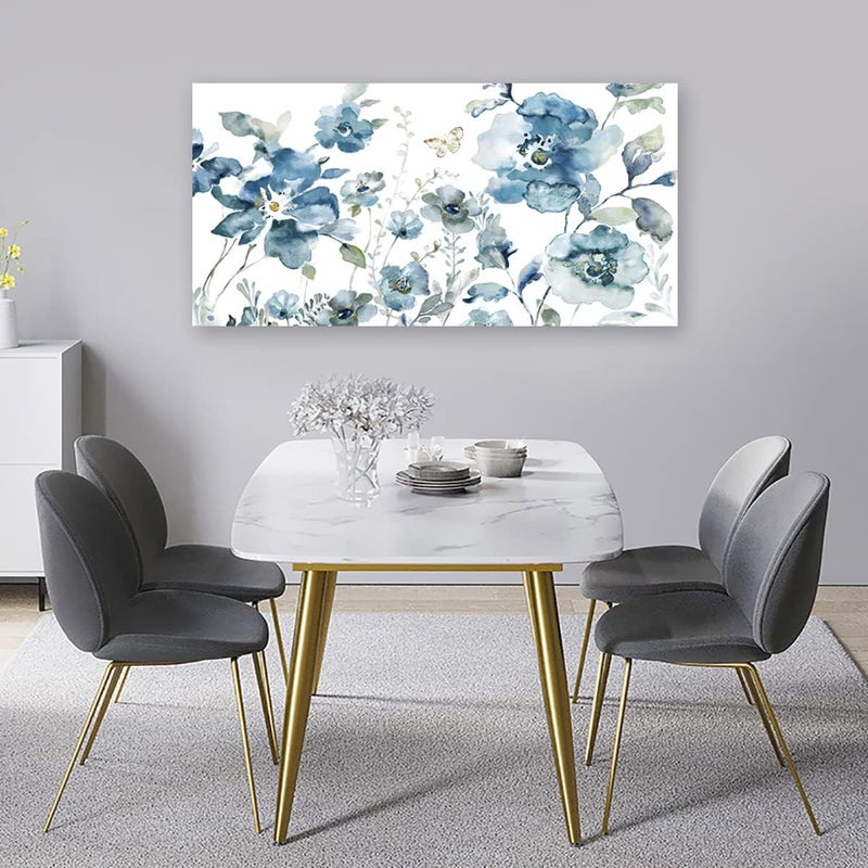 tigeridge Flower Canvas Wall Art Blue Floral Canvas Painting Pictures for Gallery Wall Decor Butterfly Flies in Indigo Flowers Canvas Prints Artwork for Living Room Bedroom Home Wall Decorations 40" X 20" - Image 4