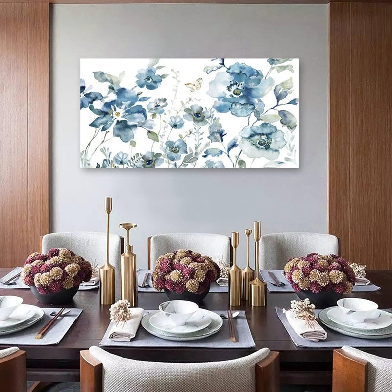 tigeridge Flower Canvas Wall Art Blue Floral Canvas Painting Pictures for Gallery Wall Decor Butterfly Flies in Indigo Flowers Canvas Prints Artwork for Living Room Bedroom Home Wall Decorations 40" X 20" - Image 3
