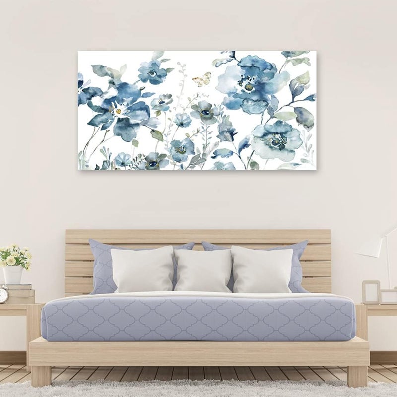 tigeridge Flower Canvas Wall Art Blue Floral Canvas Painting Pictures for Gallery Wall Decor Butterfly Flies in Indigo Flowers Canvas Prints Artwork for Living Room Bedroom Home Wall Decorations 40" X 20" - Image 2