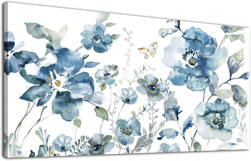 tigeridge Flower Canvas Wall Art Blue Floral Canvas Painting Pictures for Gallery Wall Decor Butterfly Flies in Indigo Flowers Canvas Prints Artwork for Living Room Bedroom Home Wall Decorations 40" X 20" - Image 1