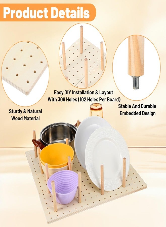 xozeooeu 3-Pack Wood Pegboard Drawer Organizer with 24 Adjustable Pegs - Customizable Kitchen Drawer Plate & Utensil Organizer, Natural Wood - Image 3