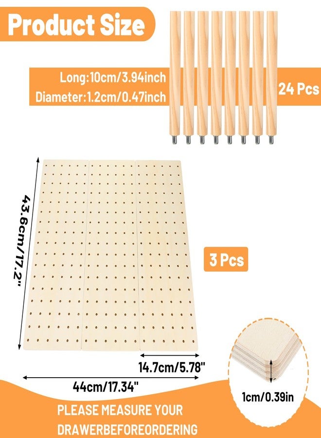 xozeooeu 3-Pack Wood Pegboard Drawer Organizer with 24 Adjustable Pegs - Customizable Kitchen Drawer Plate & Utensil Organizer, Natural Wood - Image 2