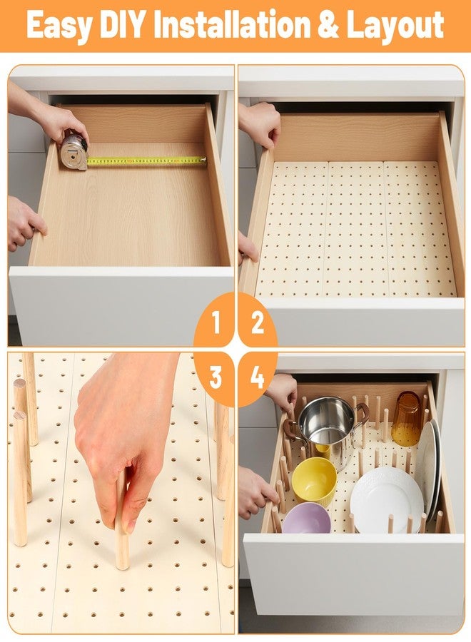 xozeooeu 3-Pack Wood Pegboard Drawer Organizer with 24 Adjustable Pegs - Customizable Kitchen Drawer Plate & Utensil Organizer, Natural Wood - Image 4