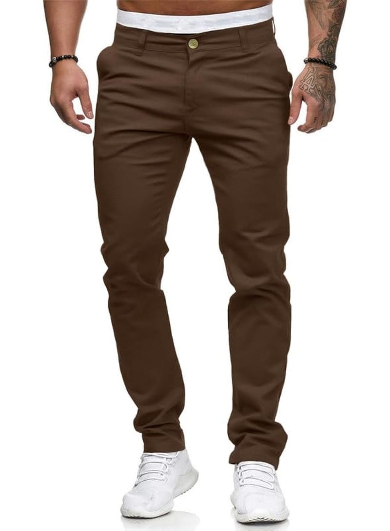 Mens Chinos Slim Fit Stretch FlatFront Skinny Dress Pants Brown40W30L