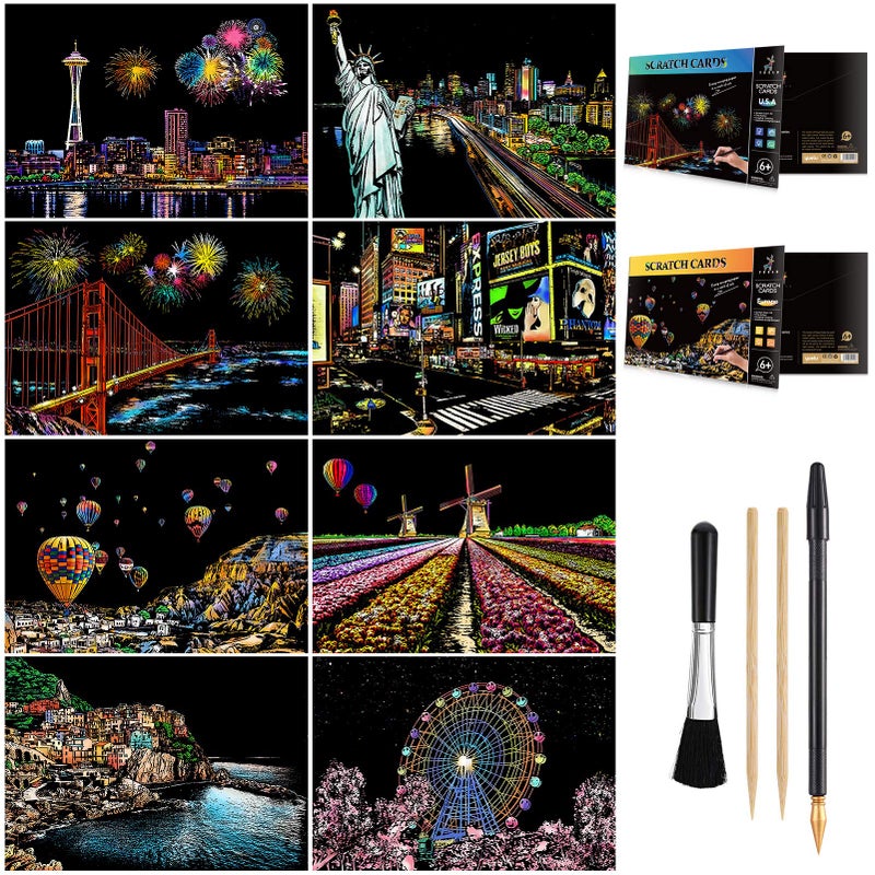AP ARTSPER Scratch Art for Teens & Adults, Rainbow Engraving Painting Landscape Scratchboard(A4) Crafts Set: 8 Sheets with 4 tools - New York, Statue of Liberty, Golden Gate Bridge, Manarola (America / Europe) - Image 1