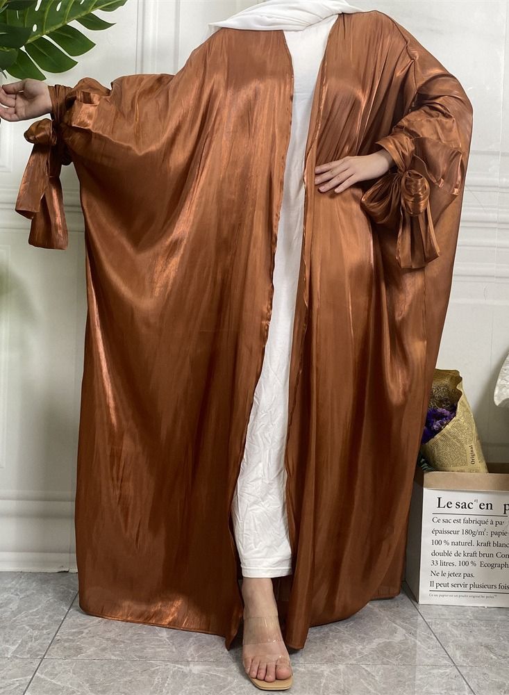 Loquat Solid Color Fashion Lace Up Sleeve Cardigan Muslim Robe Abaya Brown - Image 1
