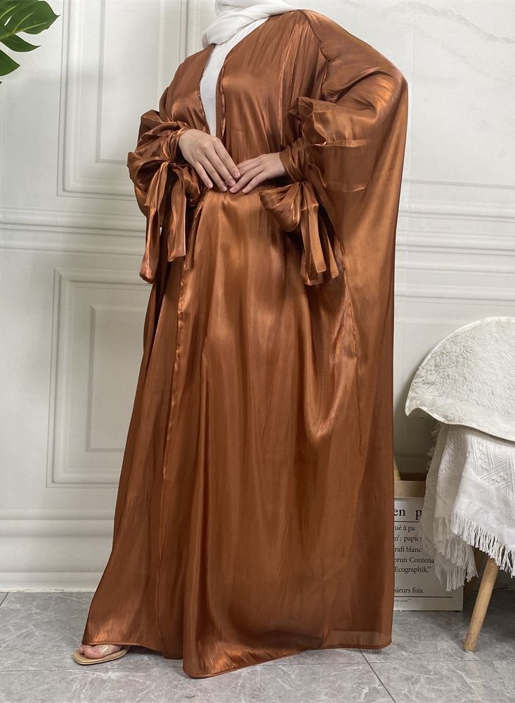 Loquat Solid Color Fashion Lace Up Sleeve Cardigan Muslim Robe Abaya Brown - Image 3