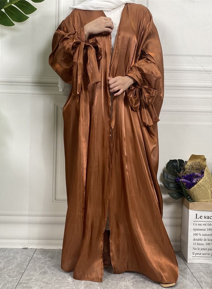 Loquat Solid Color Fashion Lace Up Sleeve Cardigan Muslim Robe Abaya Brown - Image 2