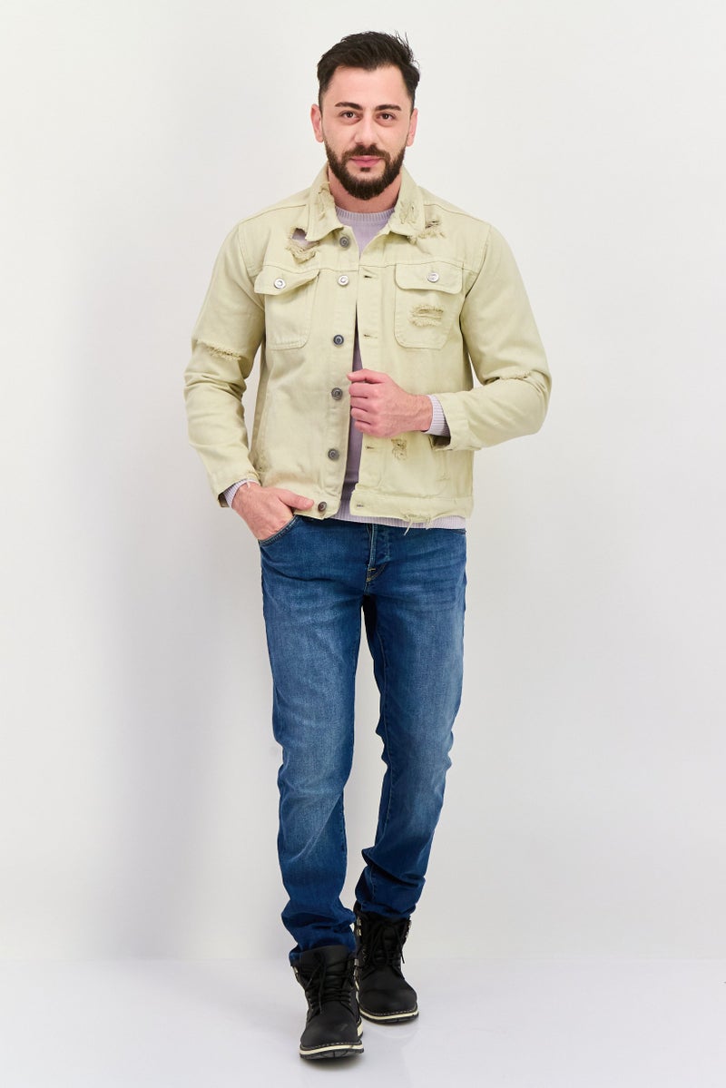 Night Addict جاكيت جينز مزخرف للرجال، كريمي - Image 2