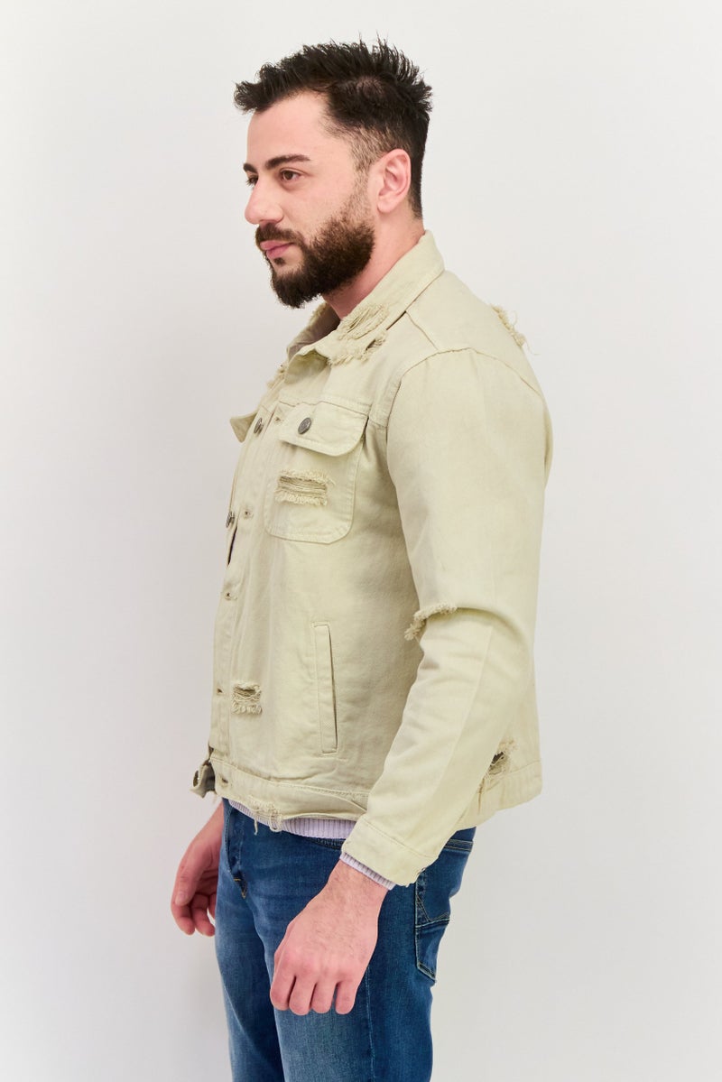 Night Addict Men Textured Denim Jacket, Cream - Image 4