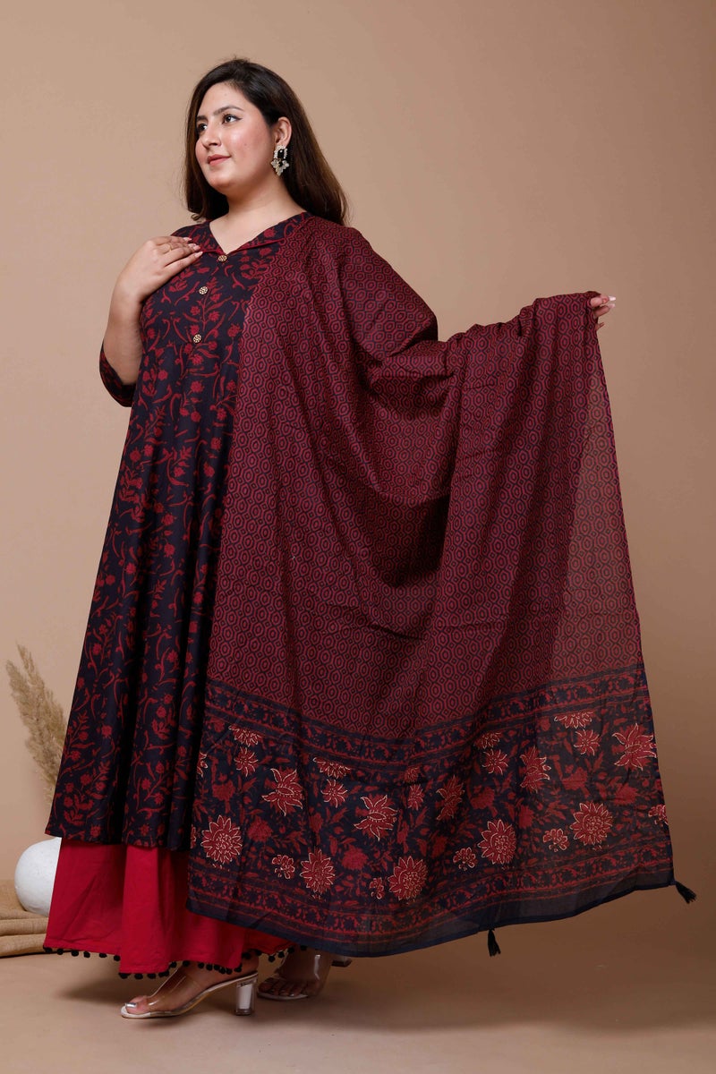 Miravan Womens Plus Size Cotton Floral Print Maroon gorgeous look Anarkali Kurta with Dupatta - Image 2