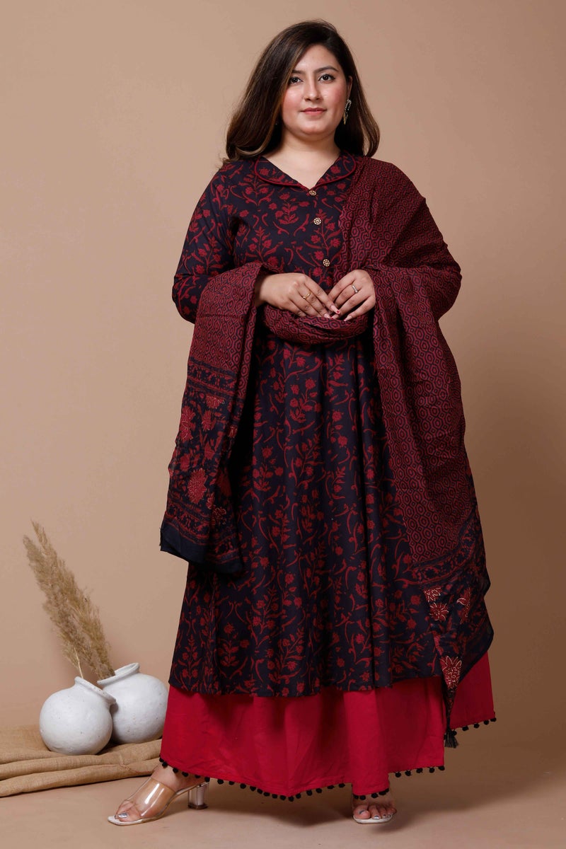 Miravan Womens Plus Size Cotton Floral Print Maroon gorgeous look Anarkali Kurta with Dupatta - Image 1