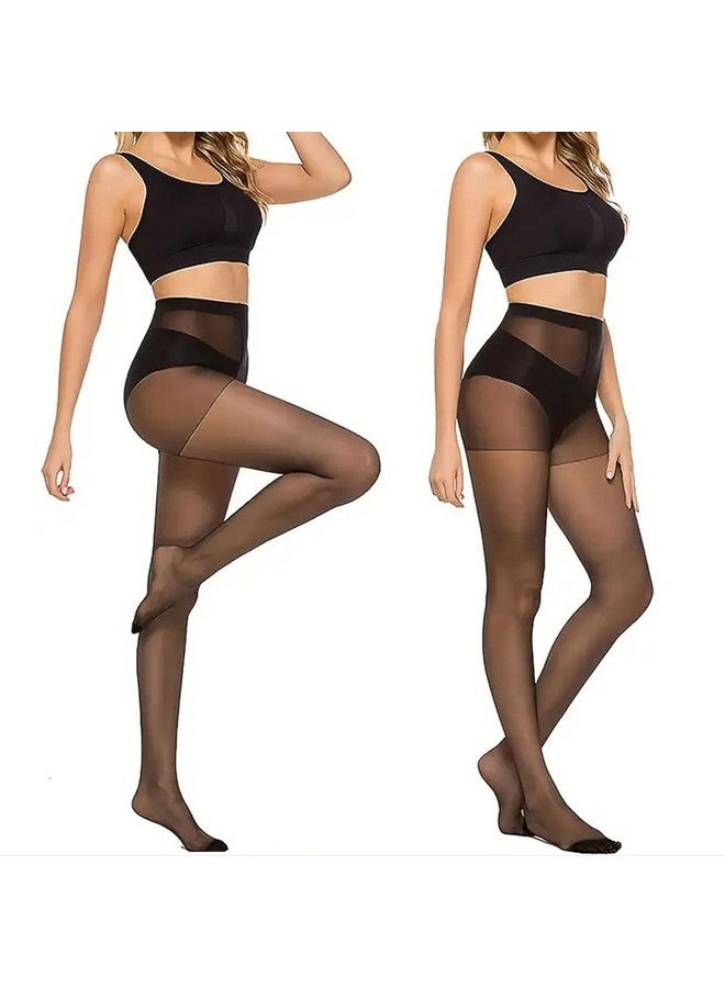 DRESHOW 2 Pairs Women's Sheer High Waist Tights 20D Pantyhose Black with Control Top and Reinforced Toes - Image 3