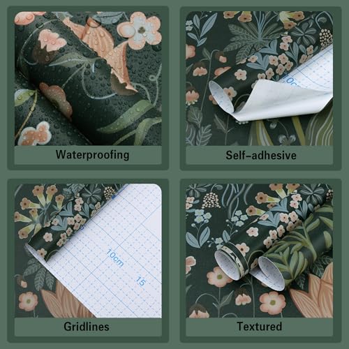 Toduso Peel and Stick Wallpaper Vintage Wall Paper Green Floral Contact Paper Removable Wallpaper 17.3"x78.7" Leaf Flower Self Adhesive for Bedroom Drawer Decor Vinyl Rolls - Image 3