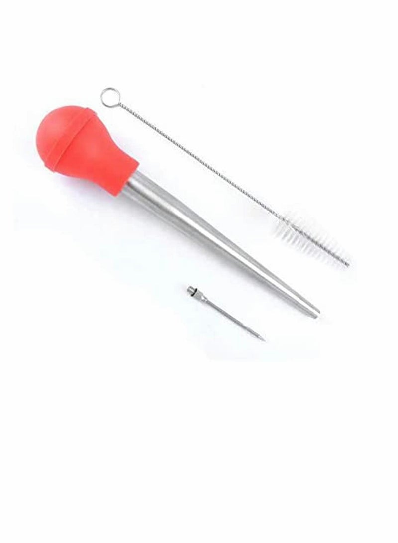 Excefore Barbecue Seasoning Tools Cooking Set Food-Grade Stainless Steel Meat Baster Syringe 2 Marinade Needles and Cleaning Brush (Red) - Image 2