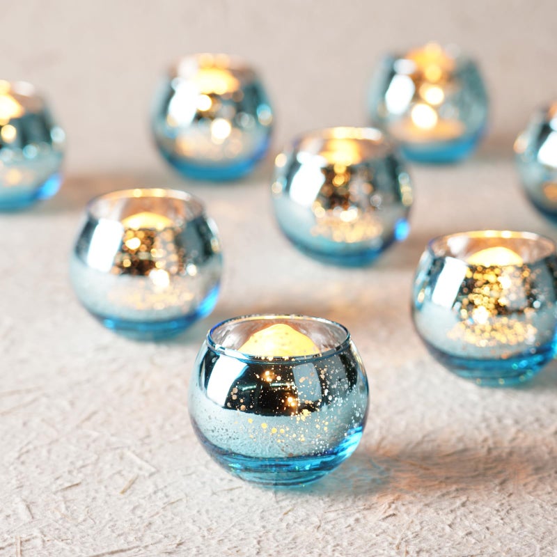 Homemory 24 Pcs Blue Votive Candle Holders, Round Mercury Glass Candle Holder, Tealight Candle Holders for Table Centerpieces, Baby Showe, Anniversary, Wedding, Home Decor, Halloween, Christmas - Image 1