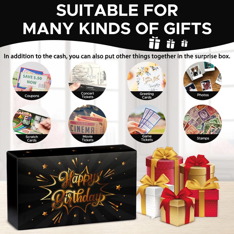 WenmthG Happy Birthday Surprise Gift Box Explosion for Money - DIY Pop Out Folding Bounce Explosion Gift Box with Confetti - Birthday Money Bank - Cash Gift Idea for Women Men Kids (Black Gold) - Image 5