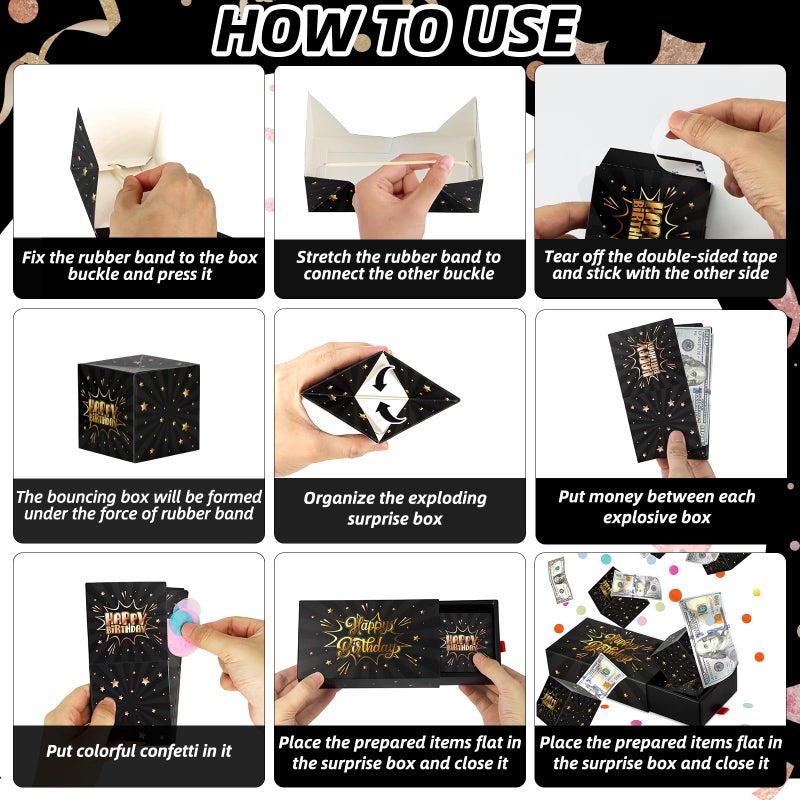 WenmthG Happy Birthday Surprise Gift Box Explosion for Money - DIY Pop Out Folding Bounce Explosion Gift Box with Confetti - Birthday Money Bank - Cash Gift Idea for Women Men Kids (Black Gold) - Image 3