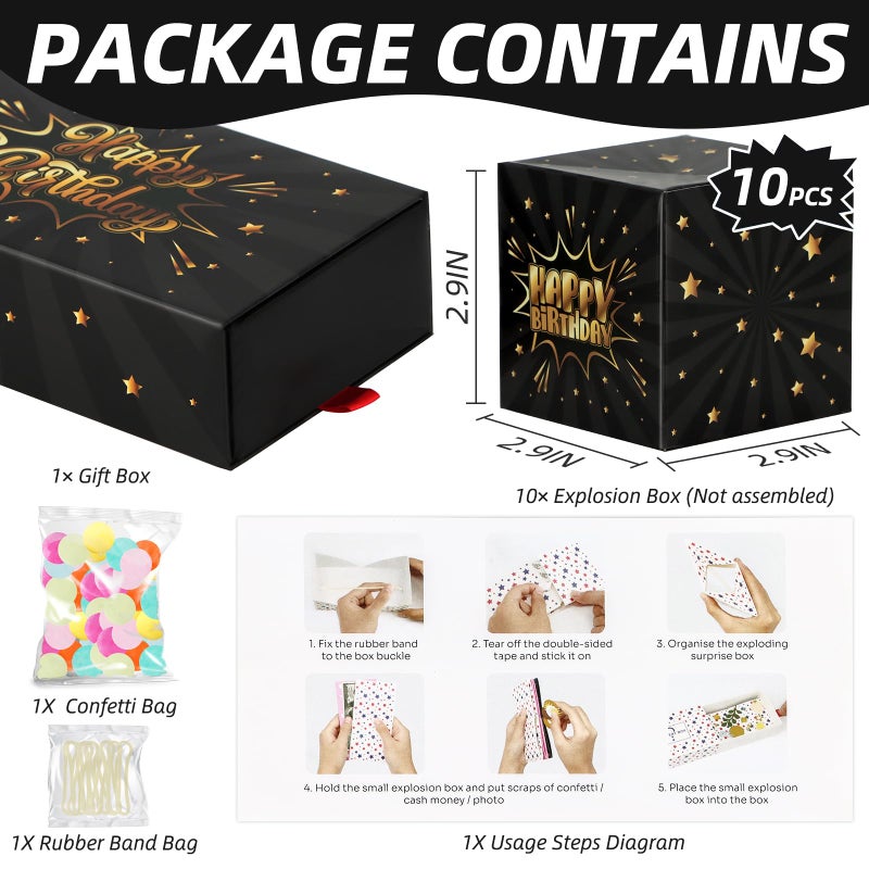 WenmthG Happy Birthday Surprise Gift Box Explosion for Money - DIY Pop Out Folding Bounce Explosion Gift Box with Confetti - Birthday Money Bank - Cash Gift Idea for Women Men Kids (Black Gold) - Image 2