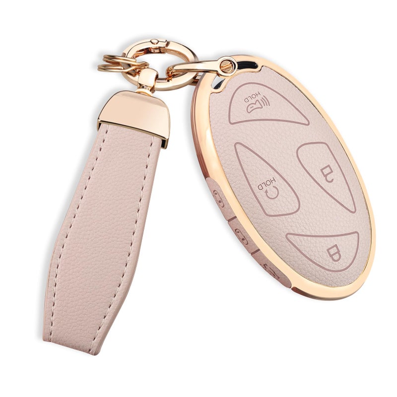 QBUC for Hyundai Key Fob Cover with Key Chain, Upper Leather + Soft TPU Car Key Case for Hyundai (Cream, 7 Buttons) - Image 1