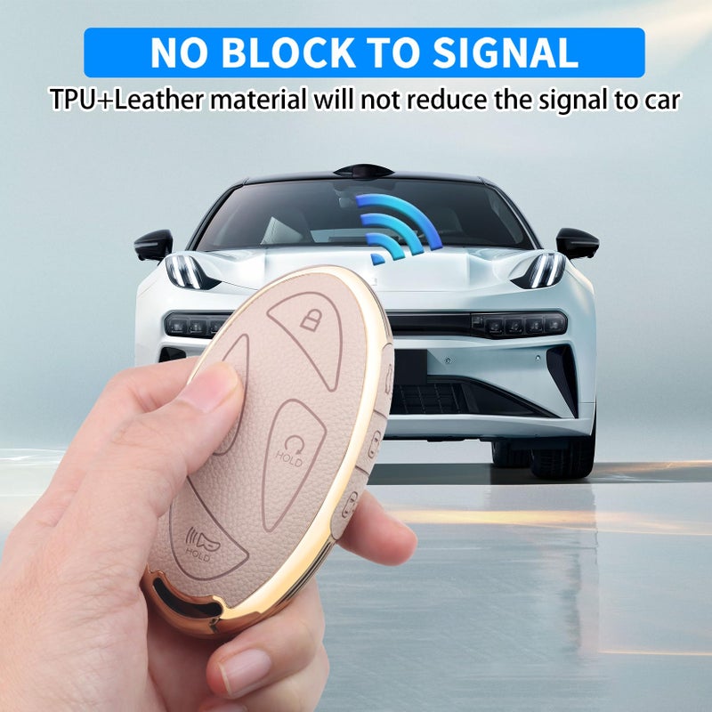 QBUC for Hyundai Key Fob Cover with Key Chain, Upper Leather + Soft TPU Car Key Case for Hyundai (Cream, 7 Buttons) - Image 4