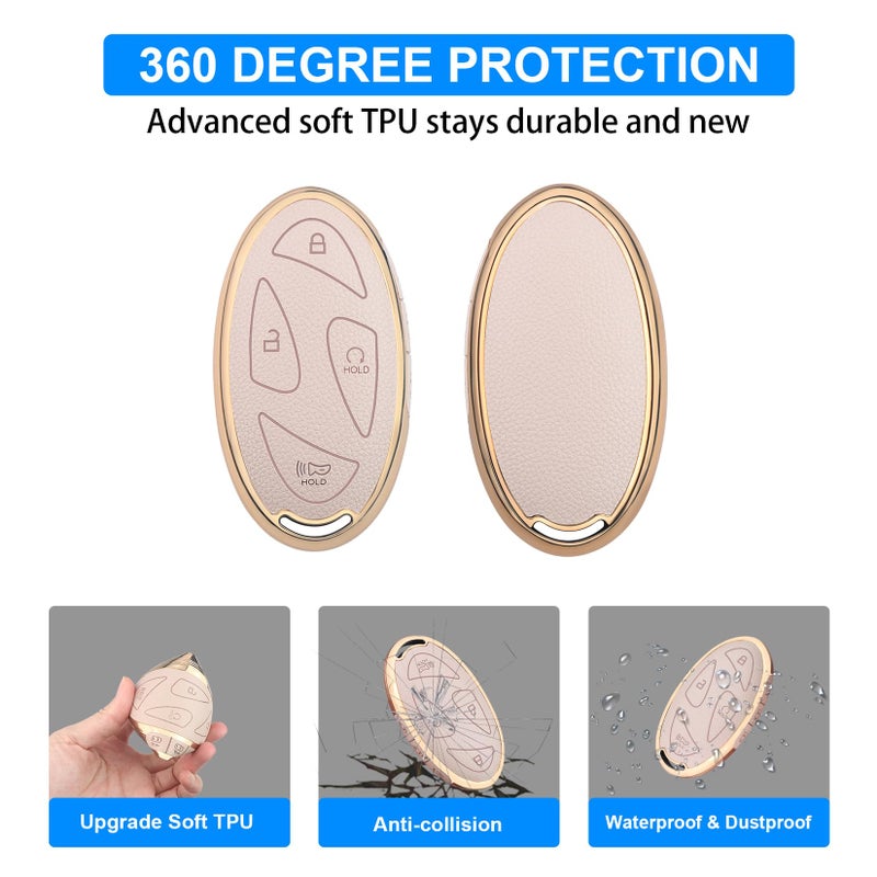 QBUC for Hyundai Key Fob Cover with Key Chain, Upper Leather + Soft TPU Car Key Case for Hyundai (Cream, 7 Buttons) - Image 5