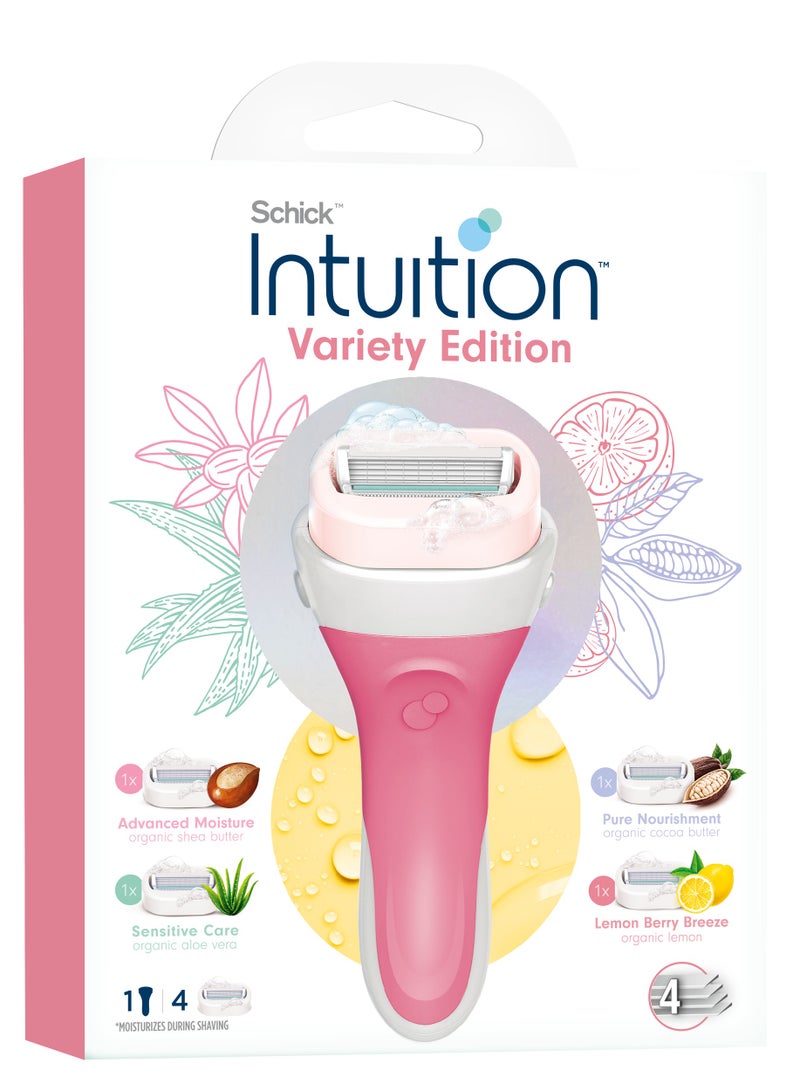 schick Intuition Variety Edition 4 Blade Razor For Women-Enriched With Aloe & Vitamin E-Pure Nourishment-Advance Moisture-Soft Rubber Grip-No Need For Shave Gel-1 Razor + 4 Cartridges - Image 1