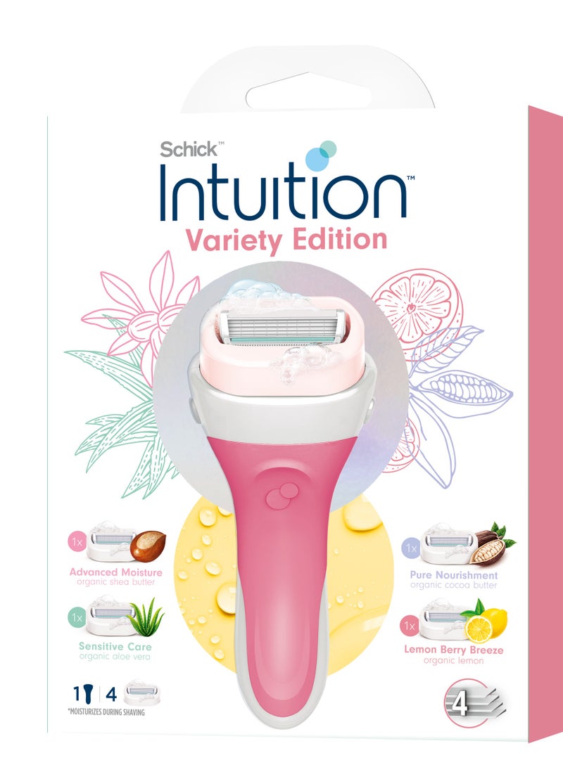 schick Intuition Variety Edition 4 Blade Razor For Women-Enriched With Aloe & Vitamin E-Pure Nourishment-Advance Moisture-Soft Rubber Grip-No Need For Shave Gel-1 Razor + 4 Cartridges - Image 2